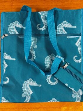 Seahorse Themed Tote Bag 13”x12”x4” With Bonus Pouch